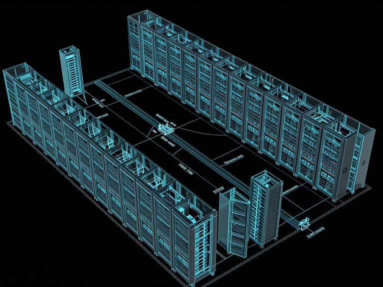 Wide architectural floorplan view of a data-center topology, server rack lanes rendered as high-fidelity line work in cyan on near-black background, cooling corridors labeled, power distribution annotated, schematic precision, no people, monochromatic palette