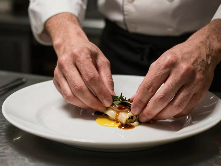 Hands of a chef carefully plating a dish in a moody Scandinavian-style restaurant kitchen, low directional light, macro focus on texture.