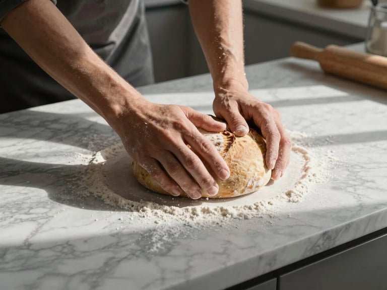 Hands kneading sourdough on a floured marble counter, directional morning light casting long soft shadows, Scandinavian kitchen setting.