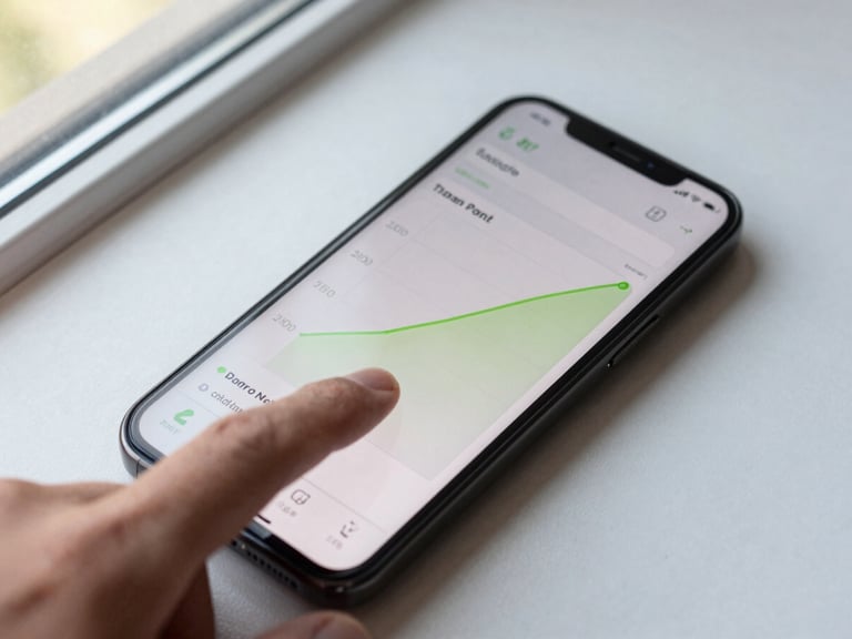 Overhead close-up of an Android phone on a white surface, app UI showing a progress chart with a lime-green line trending upward, a finger mid-tap on a metric tile, daylight from a north-facing window, sharp focus on the screen