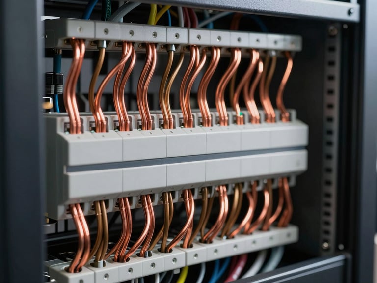 Close-up macro shot of an immaculate electrical panel server rack, perfectly organized copper wiring, bronze busbars, clinical cable management, high-contrast dramatic lighting
