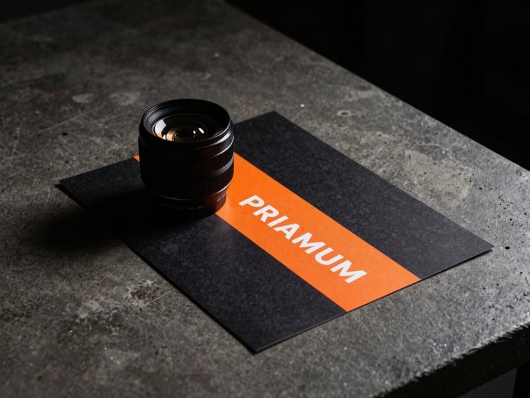 A close-up of premium physical brand collateral on a dark concrete table, sharp shadows, orange accent lighting, cinematic 35mm lens