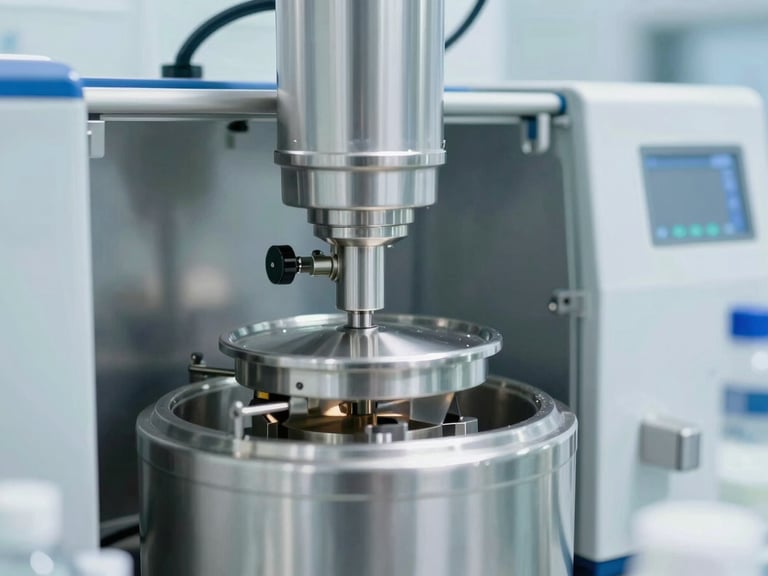 Close up of stainless steel formulation equipment inside a bright pharmaceutical cleanroom, clinical white light, sharp focus, 35mm