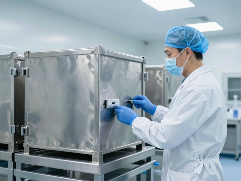 Bright clinical pharmaceutical logistics bay, stainless steel secure shipping containers under clean white light, professional cargo handling, sharp focus, 35mm