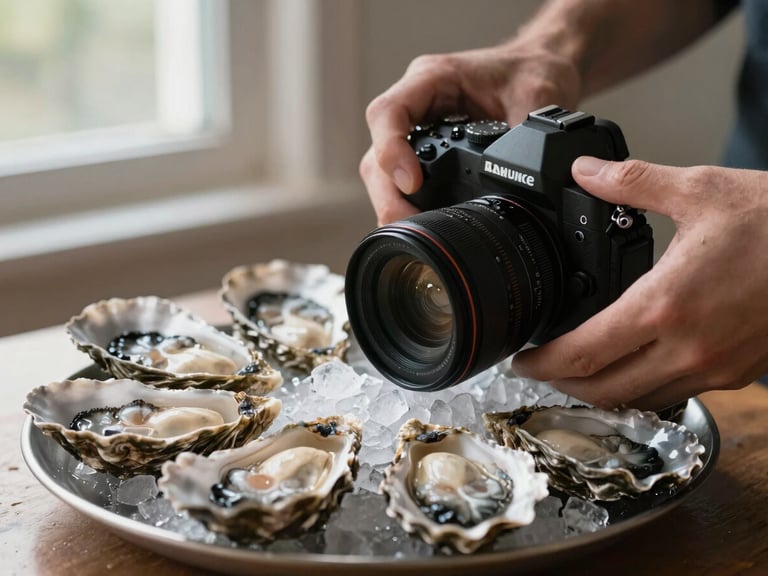 Tight macro shot of hands adjusting a camera rig next to a plate of raw oysters on crushed ice, natural directional morning light from a side window, soft shadows.