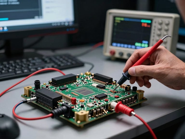 Close-up of an automotive simulation bench with a repaired ECU module connected via wiring harness, oscilloscope probe touching a circuit pin, digital readings visible on a nearby screen, cool studio lighting overhead, dark background with minimal clutter, sharp technical detail