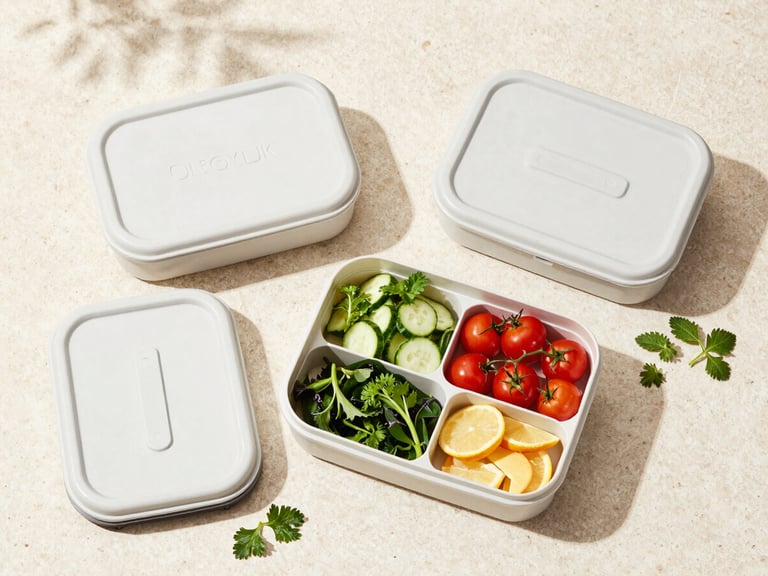 Overhead flat-lay of structured premium corporate lunch boxes, fresh raw herbs on a light stone counter, bright natural daylight, clean minimalist styling, sharp focus