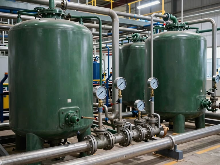 Clean industrial lighting, wide shot of an industrial water treatment plant with large RO skids and filtration tanks, focusing on the intricate piping and gauges, deep green and metallic tones.