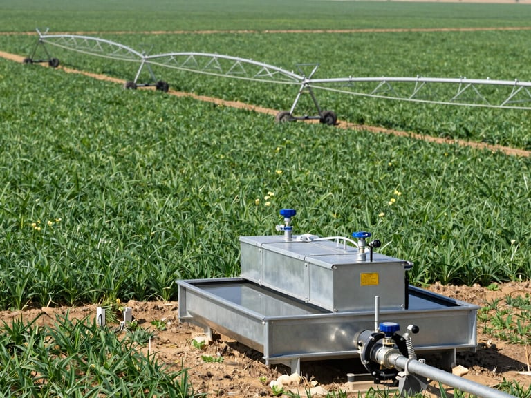 Panoramic view of an agricultural field with an irrigation system, clean industrial lighting, in the foreground a water purification unit for agricultural use, sharp focus.
