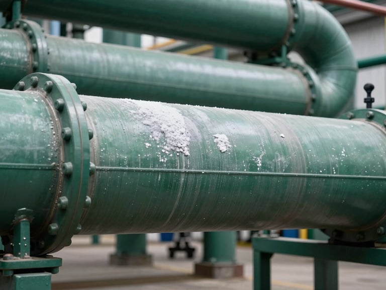 Industrial boiler heat exchanger covered in white scale, clean industrial lighting, deep green and metallic tones, sharp focus, 35mm lens