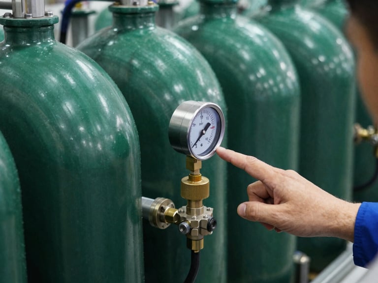 Industrial reverse osmosis membrane housing, close-up, with a technician's hand pointing at a pressure gauge, clean industrial lighting, deep green and metallic tones.
