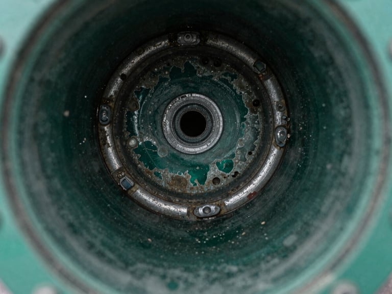 Close-up of a corroded pipe interior showing hard water scale buildup, crisp technical lighting, deep green and metallic tones, sharp focus, 35mm lens