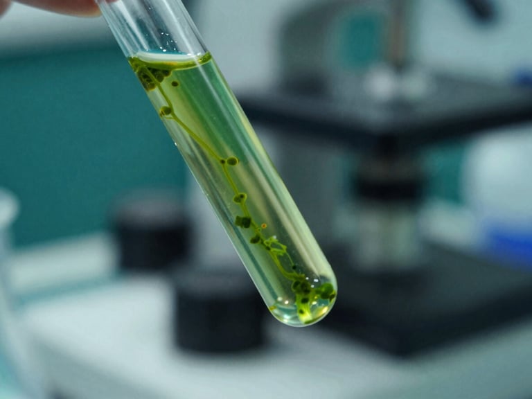 Close-up of a pool water sample in a test tube, showing green algae growth, with scientific testing equipment in the blurred background, crisp technical lighting, deep green and metallic tones, sharp focus, 35mm lens