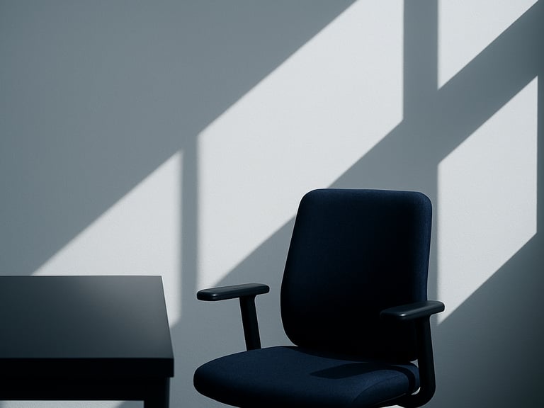 Minimalist office textures, geometric shadows on a stark white wall, deep navy accents, cool overcast light, 50mm.