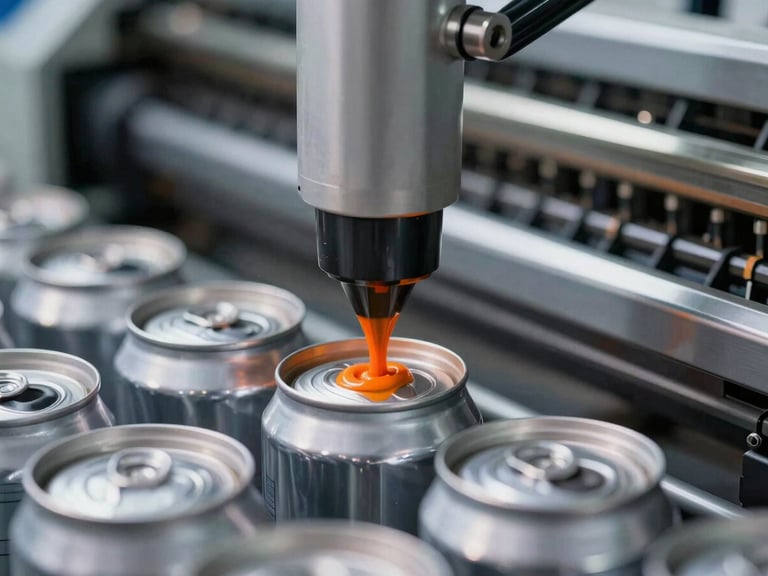 Dramatic macro shot of a high-speed can printing line, electric orange ink being applied to a metallic aluminum can, motion blur, sharp focus on the print nozzle.