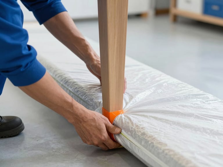 Close-up of professional mover securing a thick padded moving blanket around a delicate table leg using heavy-duty orange tape, clean warehouse floor background.