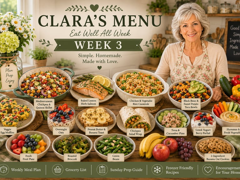 Clara's healthy meal prep menu featuring salmon, quinoa skillet, and fresh veggie egg muffins.