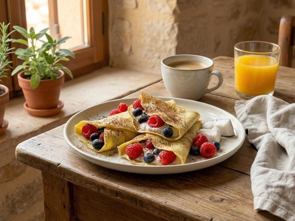 Light coconut crêpes made with coconut flour and almond milk, a healthy, dairy-free breakfast.