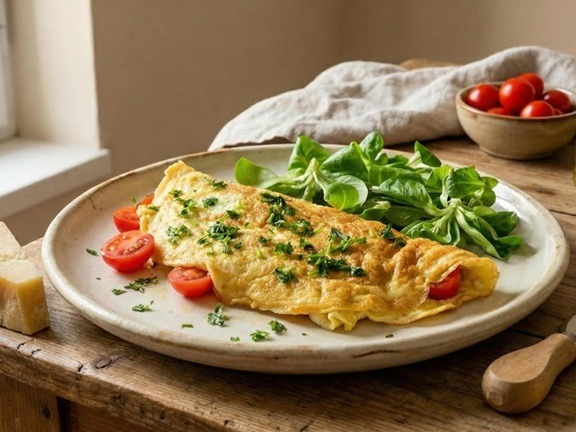 Savory omelette with aged cheese and Parma ham, a simple, protein rich Mediterranean breakfast.