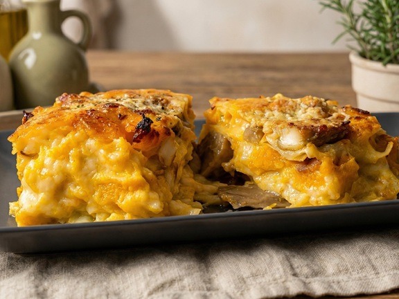 Creamy pumpkin lasagna with béchamel, brie & mushrooms