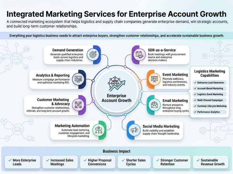 Infographic of integrated marketing services for logistics and supply chain enterprise account growth.
