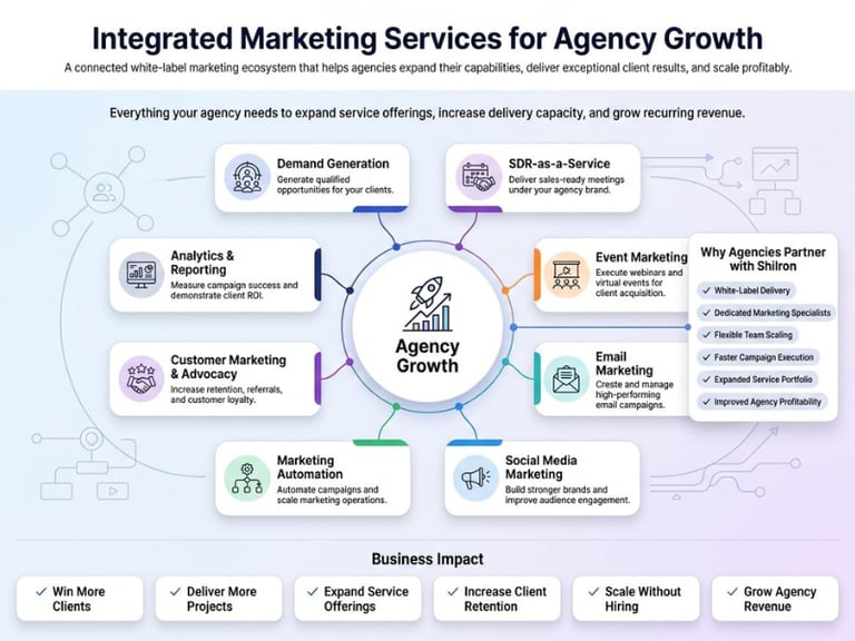 Infographic showing integrated white-label marketing services for agency growth and business impact.