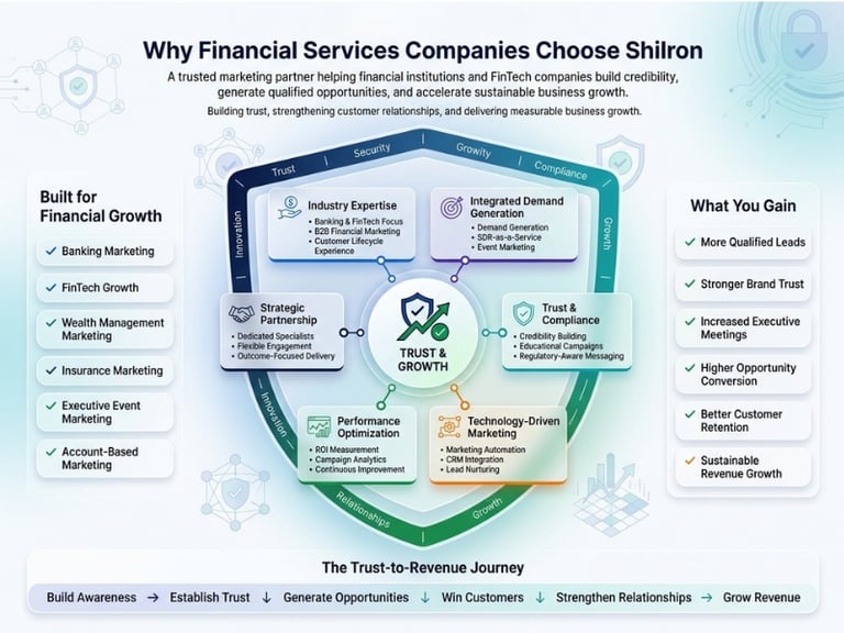 Infographic showing Shilron financial services marketing strategies for FinTech growth and lead generation.