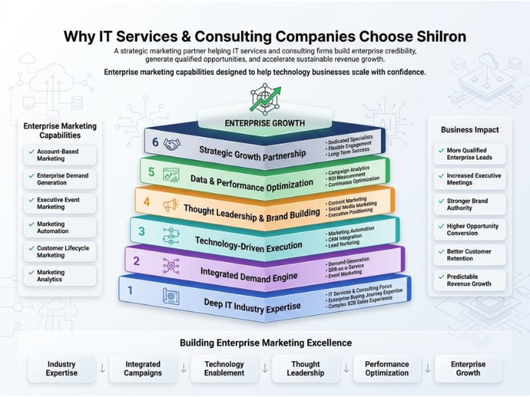 Infographic showing IT services marketing strategies including demand generation, brand building, and data optimization.