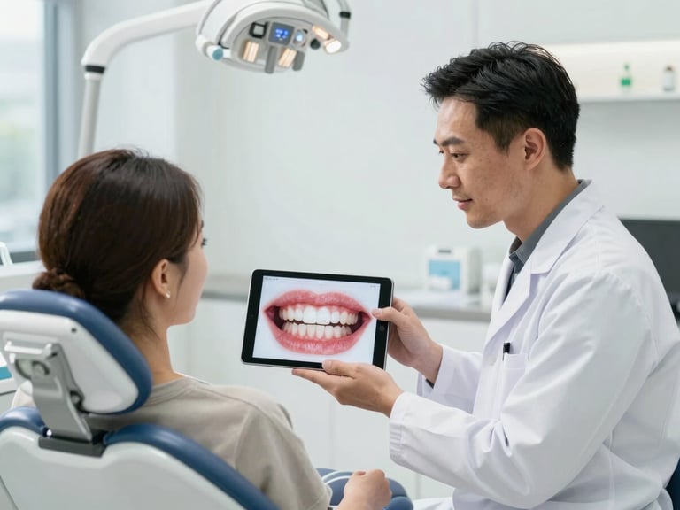 Cinematic video still of a modern dental office, bright natural light, dentist showing a digital smile design on a tablet to a patient