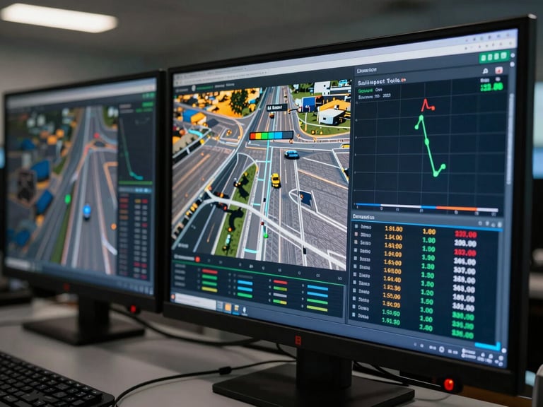 Close-up of a modern logistics control center screen showing real-time GPS tracking maps and telemetry data, sharp focus, high contrast, industrial lighting