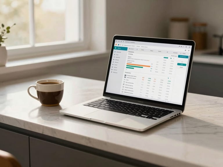 Warm editorial photography of a modern clean kitchen counter, a sleek laptop displaying a neat financial dashboard next to a ceramic cup of coffee, soft window daylight, rich cacao and caramel tones, shallow depth of field, 35mm