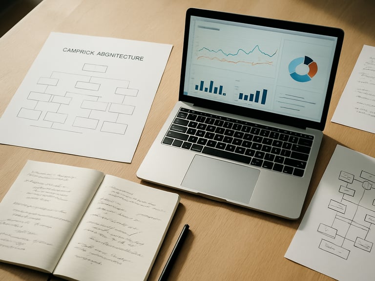 Wide overhead shot of a strategy session table — printed campaign architecture sheets, a laptop open to an analytics dashboard, handwritten annotation notes, bright natural overhead light, no people visible