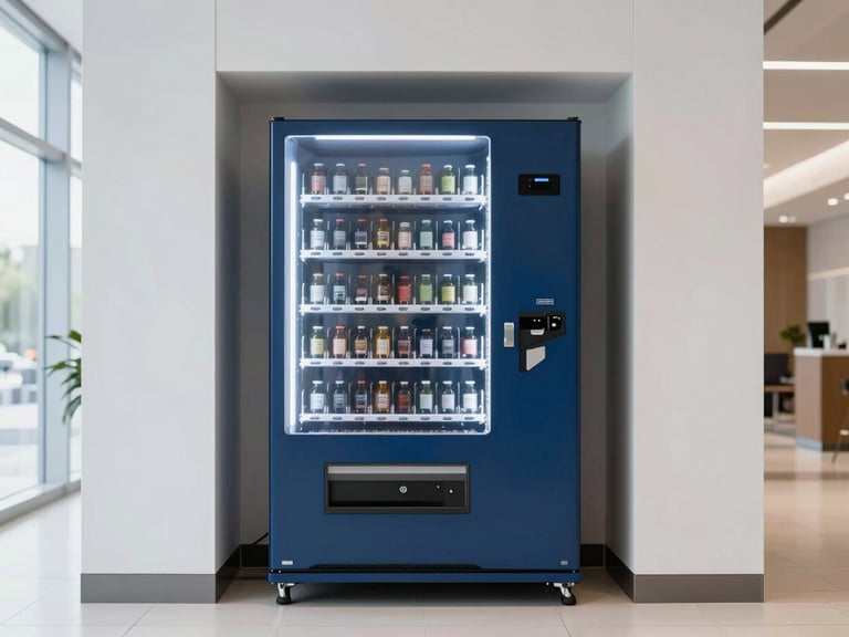Straight-on eye-level architectural shot of a sleek, modern vending machine integrated into a clean, well-lit corporate lobby, bright natural interior light, cool blue and charcoal tones.