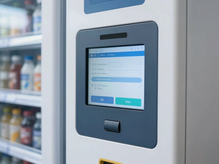 Close-up of a digital payment interface on a modern vending machine, bright natural interior light, clean corporate aesthetic.