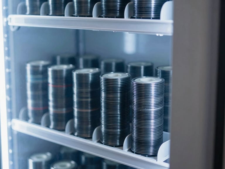 Close-up of neatly organized product coils inside a well-lit vending machine, sharp focus, cool blue tones.