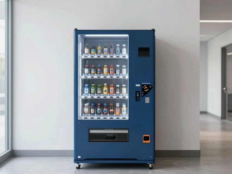 Straight-on architectural shot of a minimalist vending machine installed in a bright corporate hallway, clean commercial photography.