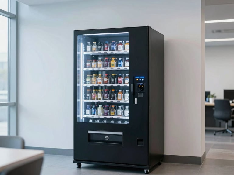 Straight-on architectural photograph of a modern, sleek black vending machine integrated into a bright corporate breakroom, natural light, cool blue accents.