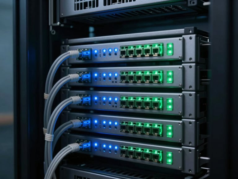 Meticulous server rack cable management with cool blue and terminal green LED indicators, clean architectural precision, macro shot, low-key ambient lighting