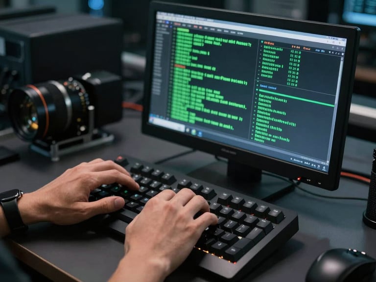 Hands of a network engineer typing on a mechanical keyboard, terminal screen in front showing active network diagnostic parameters in terminal green, dark clinical environment.