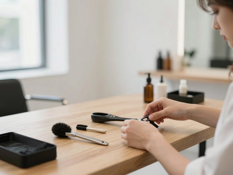 Clean minimalist salon interior, soft natural daylight, a stylist arranging tools on a wooden table, shallow depth of field, 35mm