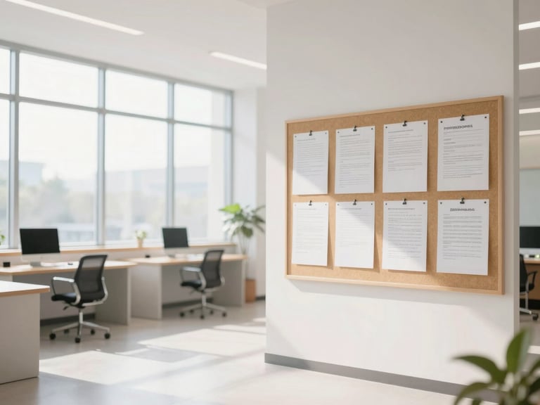 Bright modern classroom lobby with large windows, soft morning light, a bulletin board with clean notices, shallow depth of field, 35mm