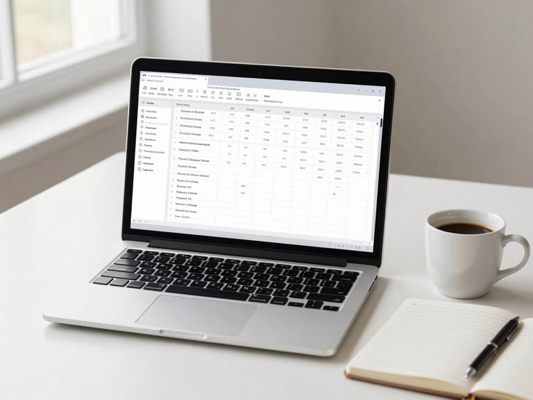 A clean modern workspace flat-lay, daylight, laptop showing a structured digital spreadsheet template, a notebook, coffee cup, neutral background, 35mm