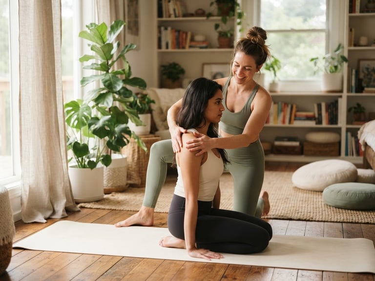 Medium environmental shot of a professional yoga instructor guiding a student's alignment in a sunlit living room, soft warm daylight, sage and cream tones, shallow depth of field