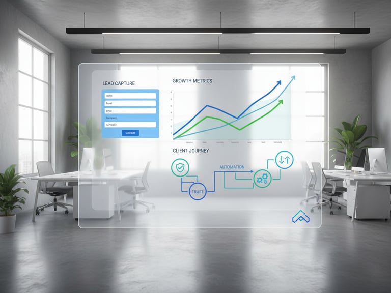 Digital office with dashboard showing growth graphs, lead forms, and a client journey map.