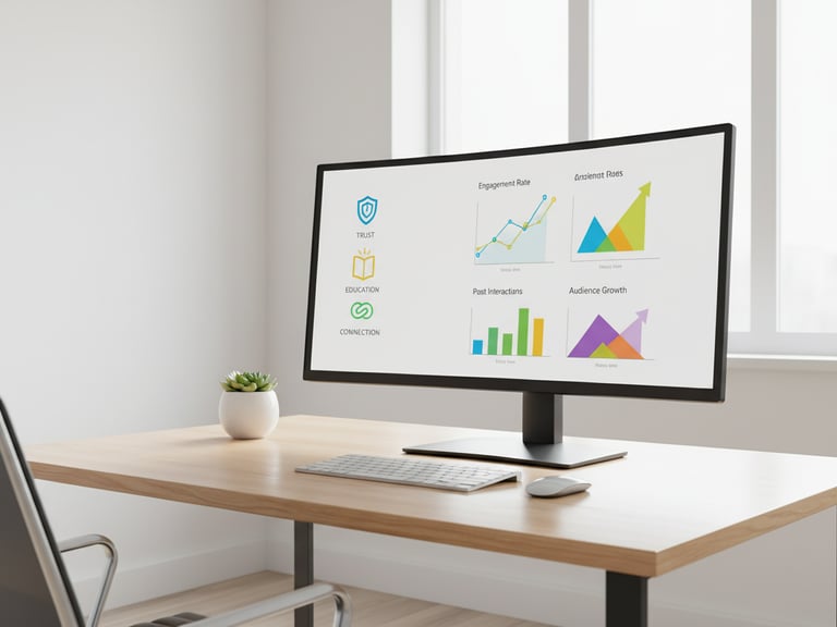Dashboard with engagement graphs, post interactions, and audience growth chart.
