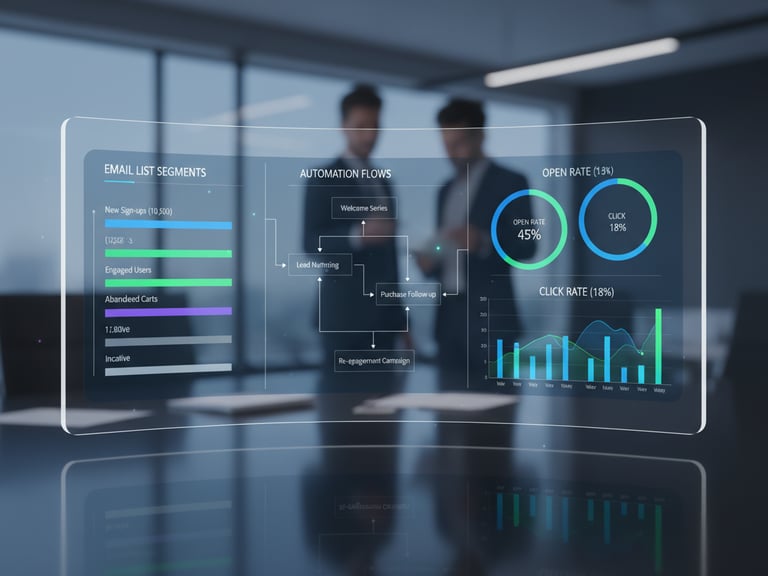 Digital dashboard with segmented email lists, automation flowcharts, and open/click rate graphs.