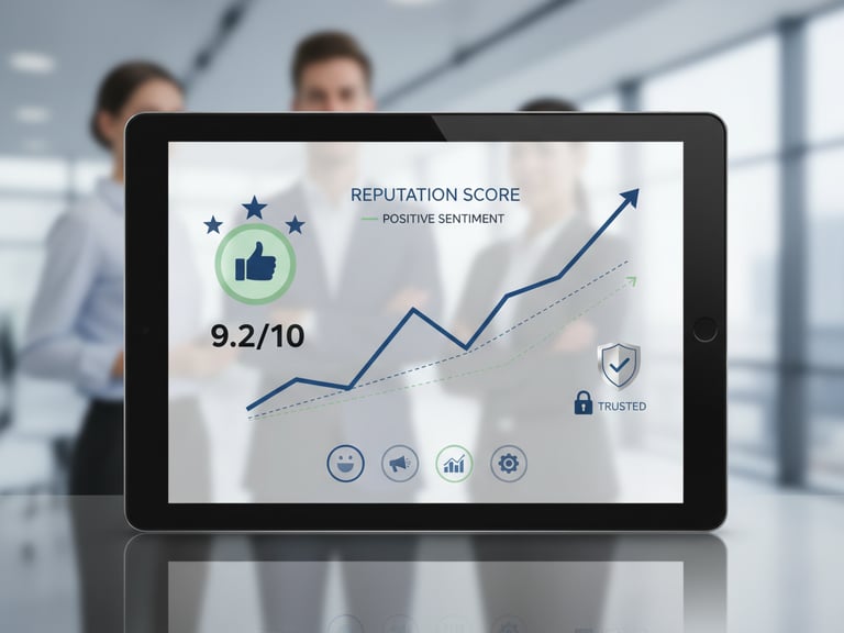 Dashboard with trend lines, positive review icons, and trust symbols.