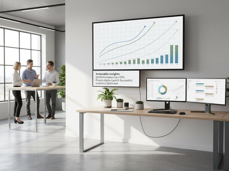 Modern office dashboard with people collaborating; screens show trend lines, bar charts, and actiona