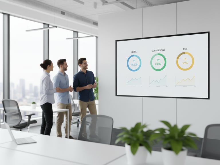 Modern office dashboard with graphs for leads, conversions, ROI, target icons, and upward arrows; re