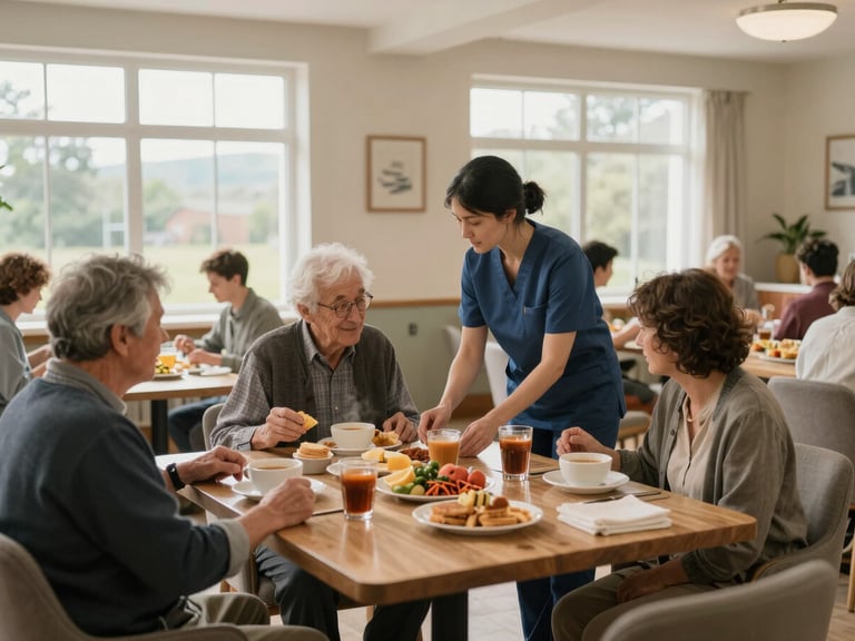 Wide shot of a care home dining room at breakfast, a care worker attentively assisting a seated resident, overcast daylight through large windows, warm and purposeful atmosphere